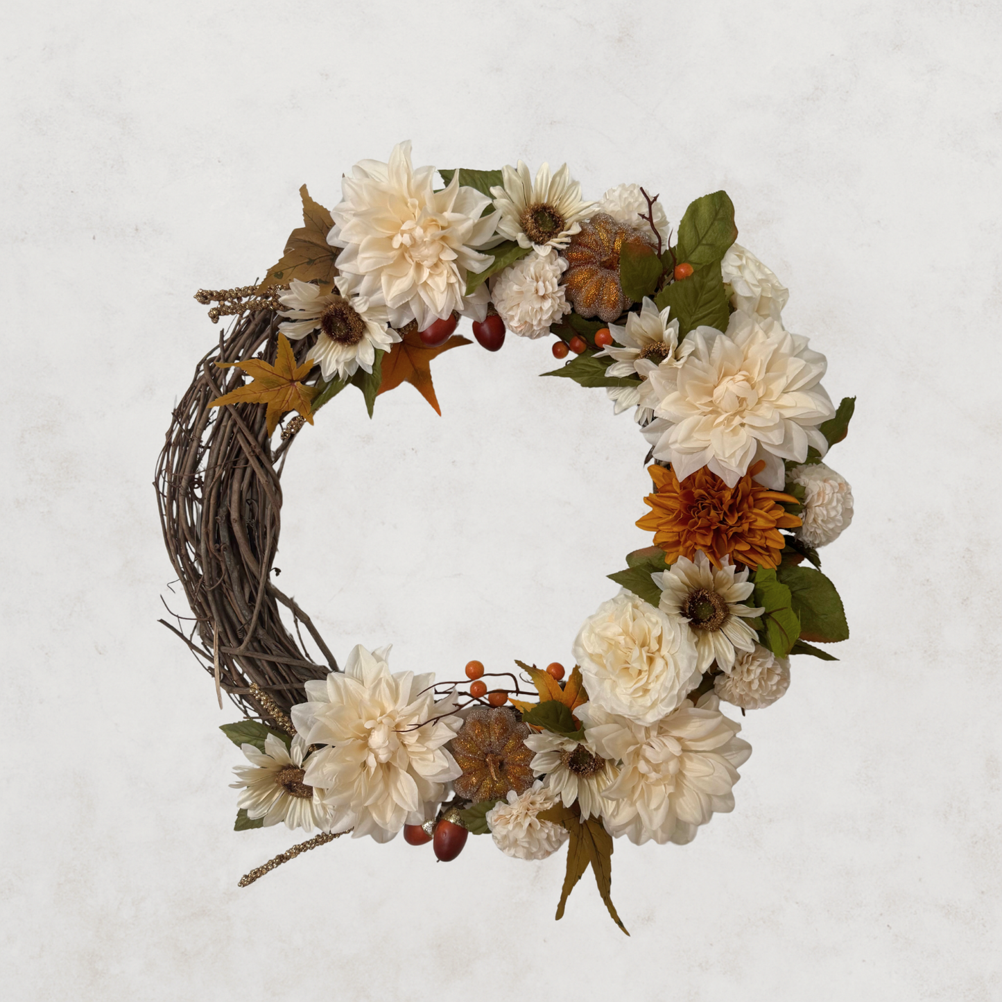 Elegant Neutral Fall Wreath W/ beaded Pumpkin Accents - 24”
