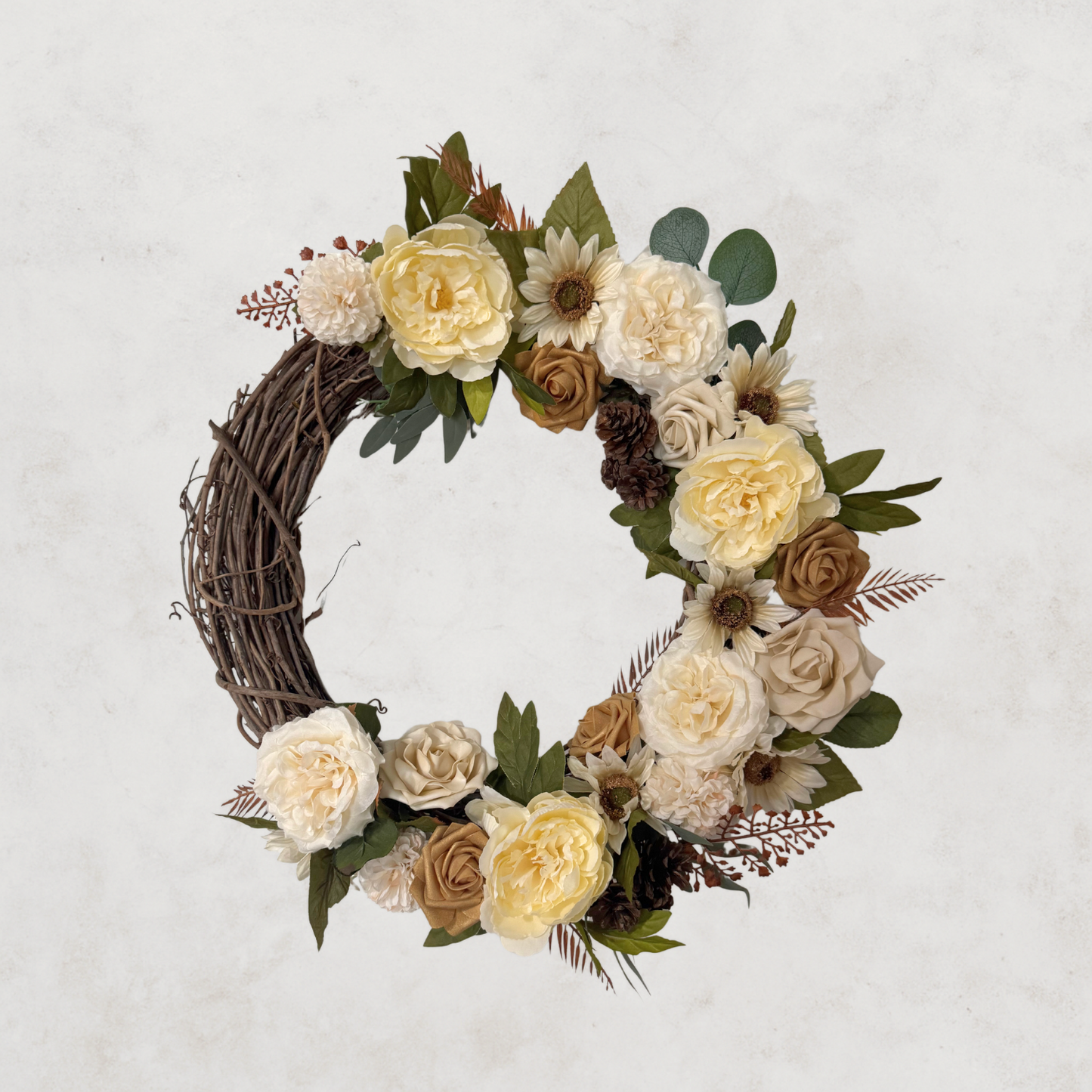Neutral Harvest Elegance Wreath – 24” Cream, Taupe & Pinecone Fall Decor