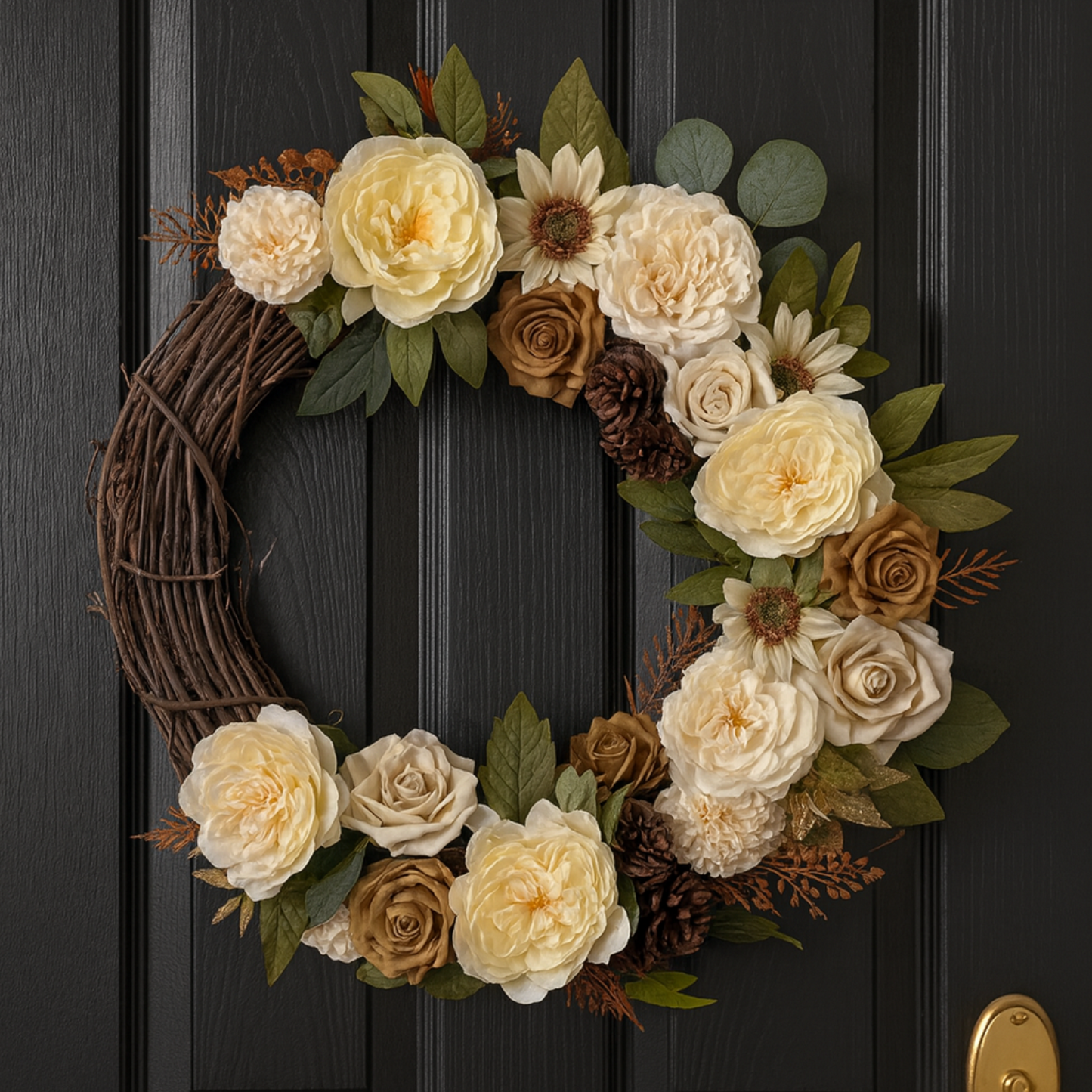 Neutral Harvest Elegance Wreath – 24” Cream, Taupe & Pinecone Fall Decor