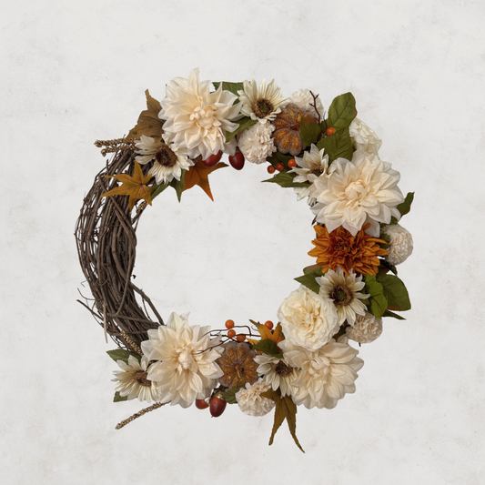Elegant Neutral Fall Wreath W/ beaded Pumpkin Accents - 24”