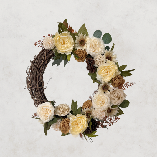Neutral Harvest Elegance Wreath – 24” Cream, Taupe & Pinecone Fall Decor